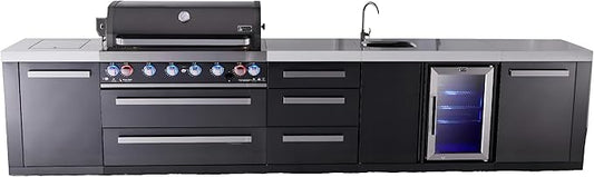 Mont Alpi 157"W Black Stainless Steel Outdoor Kitchen Island with Refrigerator + Beverage Center Faucet & Sink + 44"W 6-Burner BBQ Gas Grill + White Granite Countertops + Storage Cabinets & Drawers