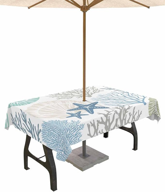 Coastal Outdoor Tablecloth - 54x80 Inch Rectangle Dining Table Cover, Blue Teal Coral Summer Beach Ocean Starfish Waterproof Outdoor Table Cloth with Umbrella Hole & Zipper for Picnic/Patio/Party
