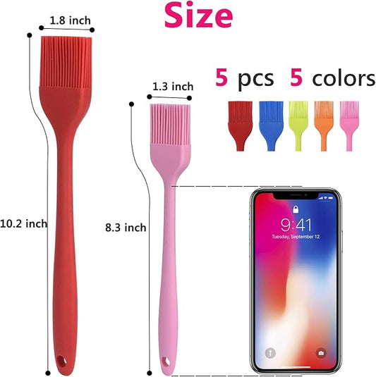 Hhyn Silicone Basting Pastry Brush Set 5 Pack Heat Resistant Spread Oil Butter Sauce for BBQ Grill Barbeque Kitchen Baking Cooking Pastries, 2 Large & 3 Small Multicolor