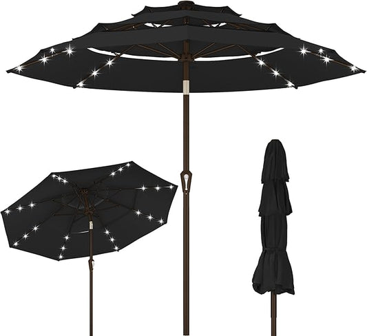 Kingdura 9ft 3-Tier Patio Umbrella with Solar Lights, Table Umbrella Outdoor Patio with Easy Crank & Tilt, 8 Sturdy Ribs, UV Protection, 32 LED Lights for Deck, Poolside, Market (Black)