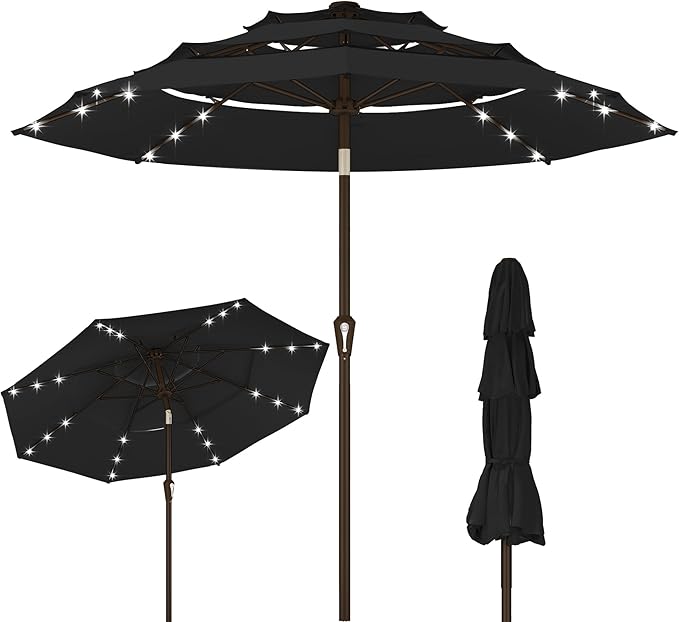 Kingdura 10ft 3-Tier Patio Umbrella with Solar Lights, Table Umbrella Outdoor Patio with Easy Crank & Tilt, 8 Sturdy Ribs, UV Protection, 32 LED Lights for Deck, Poolside, Market (Black)
