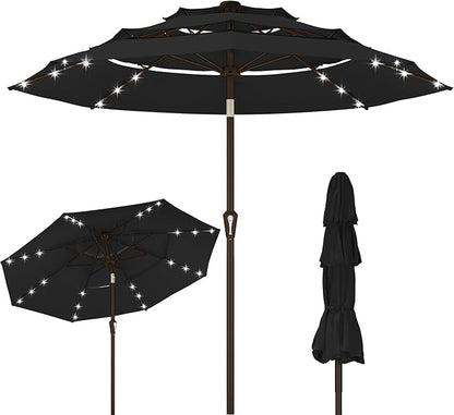 Kingdura 10ft 3-Tier Patio Umbrella with Solar Lights, Table Umbrella Outdoor Patio with Easy Crank & Tilt, 8 Sturdy Ribs, UV Protection, 32 LED Lights for Deck, Poolside, Market (Black)