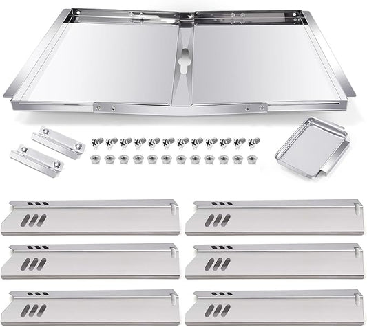 Hiorucet Grill Drip Pan Kits for Dyna Glo Grill Replacement Parts DGB610SSP, Adjustable 30''-36'' Grease Tray with Catch Pan, Heat Plate Tent Shields for Dynaglo Grill Replacement Parts 6 Burner.