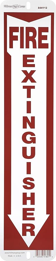Hillman 844112 White and Red Aluminum Fire Extinguisher Sign with Arrow Symbol, 4" x 18"