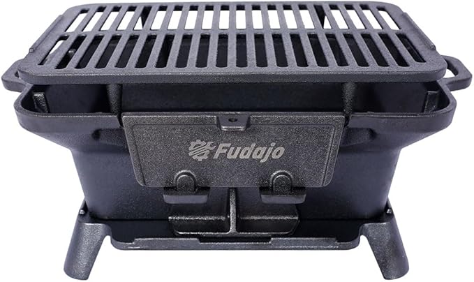 Portable Cast Iron Hibachi Grill, Tabletop Charcoal BBQ Grill with Adjustable Vent, Heavy Duty Enamel-Coated Cast Iron Griddle for Camping, Tailgating, Picnics, Backyard & Outdoor Cooking, Blac
