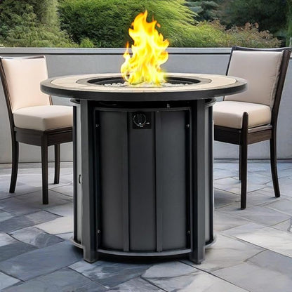 30'' Marble Ceramic Round Propane Fire Pit Table, 50,000 BTU Gas FirePit for Outdoor, Fire Table with Lid, Warmth & Ambience to Gatherings and Parties On Patio Deck Garden Backyard, Black.