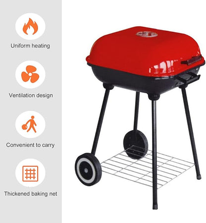 Portable Charcoal Grill, BBQ Grill with Wheels for Outdoor, Square Barbecue Grill with Storage Rack, Heavy Duty Large Outdoor Grills for Camping Picnic, Patio and Backyard