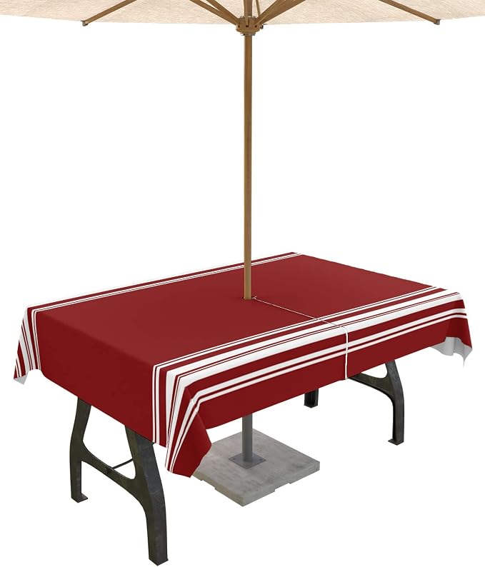 QueenKer Outdoor Tablecloth with Umbrella Hole, Farmhouse Wine Red White Stripe Rectangle Tables Waterproof Tabletop Collection for Patio, Garden, Picnic, Camping, Dining 60 x 84 inch