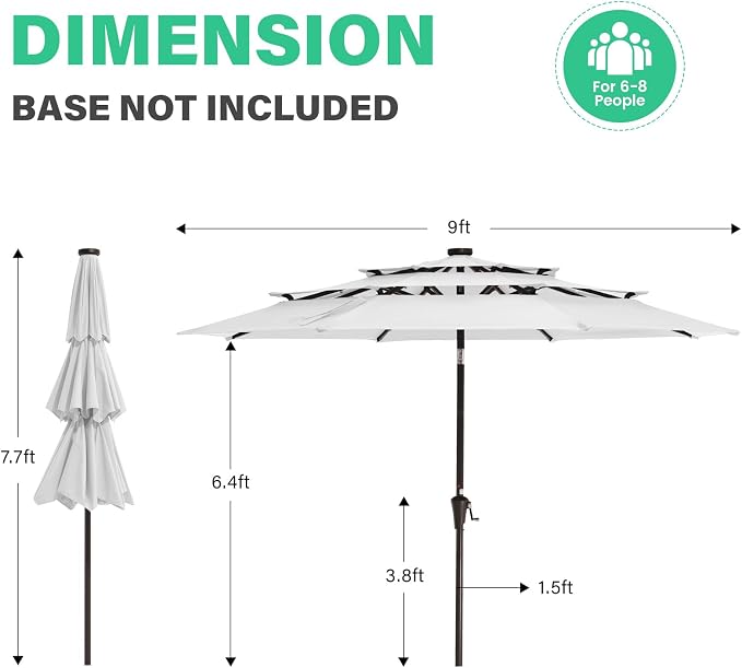 JEAREY 9 ft 3-Tier Outdoor LED Lighted Patio Umbrella w/Crank, Creamy-white | Solar Market Table Umbrella with 8 Sturdy Ribs, UV Protection Waterproof Sunproof for Garden, Deck and Backyard