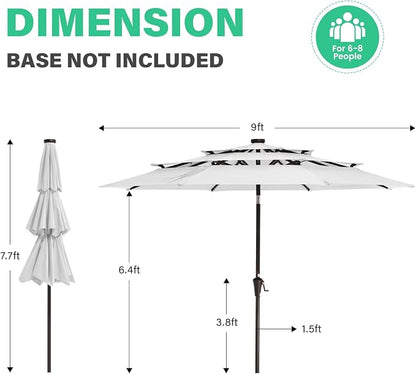 JEAREY 9 ft 3-Tier Outdoor LED Lighted Patio Umbrella w/Crank, Creamy-white | Solar Market Table Umbrella with 8 Sturdy Ribs, UV Protection Waterproof Sunproof for Garden, Deck and Backyard