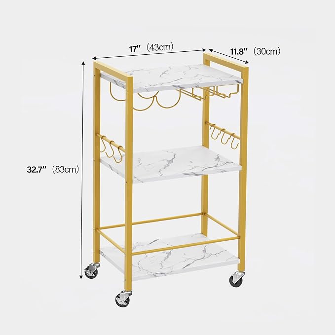 TUTOTAK Bar Cart with Wheels, Mini Drink Cart with Wine Rack & Glass Holder | 3-Tier 17 Inch Wide Home Bar Serving Carts, Small Mobile Kitchen Shelf with 6 Hooks, Marble Gold BC01BMG035