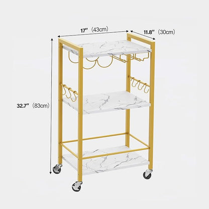 TUTOTAK Bar Cart with Wheels, Mini Drink Cart with Wine Rack & Glass Holder | 3-Tier 17 Inch Wide Home Bar Serving Carts, Small Mobile Kitchen Shelf with 6 Hooks, Marble Gold BC01BMG035