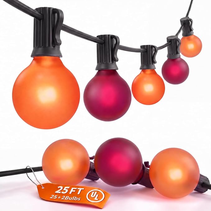 SUNSGNE 25FT G40 Halloween String Lights, Frosted Orange Purple Globe Bulbs | 27 Frosted Glass Bulbs(2 Spare), Orange Purple Halloween Glow, Plug-In Easy Lighting, Indoor & Outdoor Halloween Decor