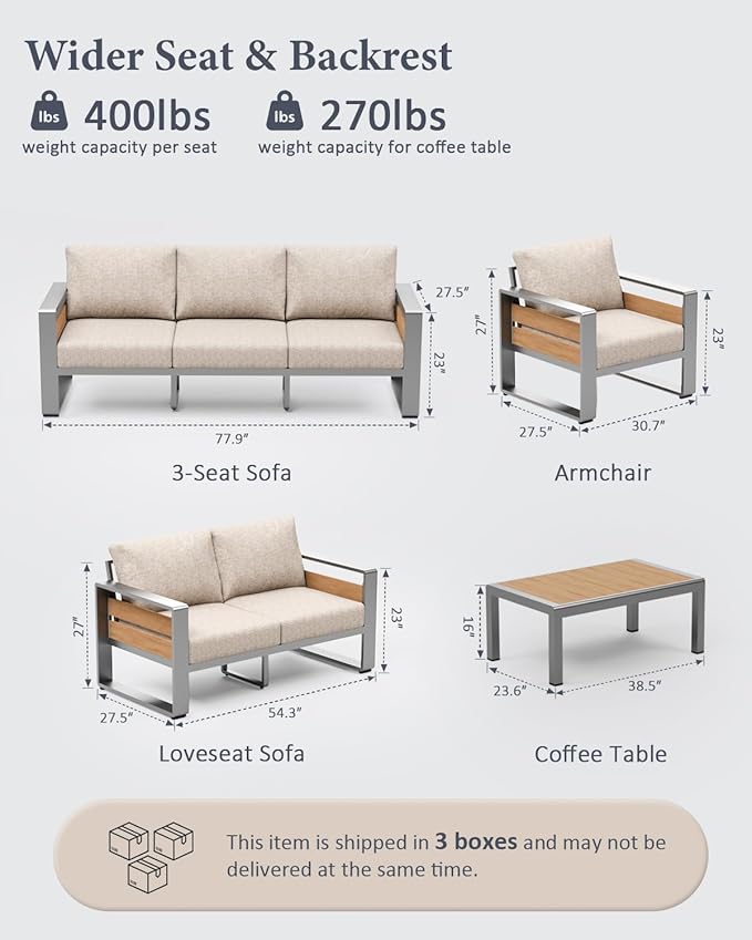ZANDOR Aluminum Outdoor Patio Furniture Set with Table,5 Seat, Silver | Rustproof,High weight capacity,Water-repellent,Washable Cover,All-Weather Resistant,Easy clean,for Poolside Backyard Deck