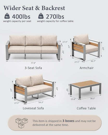 ZANDOR Aluminum Outdoor Patio Furniture Set with Table,5 Seat, Silver | Rustproof,High weight capacity,Water-repellent,Washable Cover,All-Weather Resistant,Easy clean,for Poolside Backyard Deck