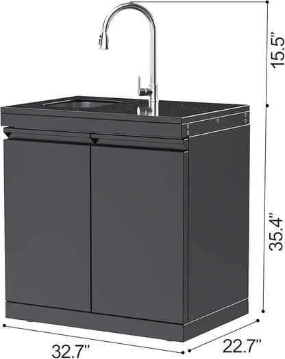 Black Stainless Steel Double Door Outdoor Sink Cabinet, Black Galaxy Granite Countertop, Hidden Handle, Pull-Down Faucet, Large Storage, Modular BBQ Island Prep Station - Black