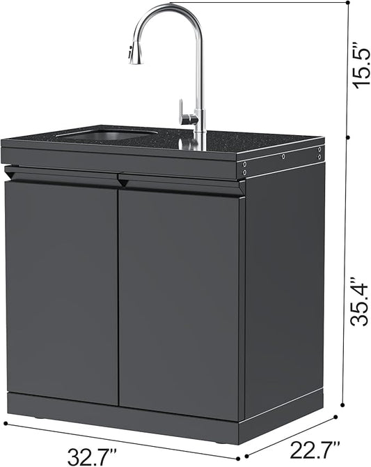 Black Stainless Steel Double Door Outdoor Sink Cabinet, Black Galaxy Granite Countertop, Hidden Handle, Pull-Down Faucet, Large Storage, Modular BBQ Island Prep Station - Black