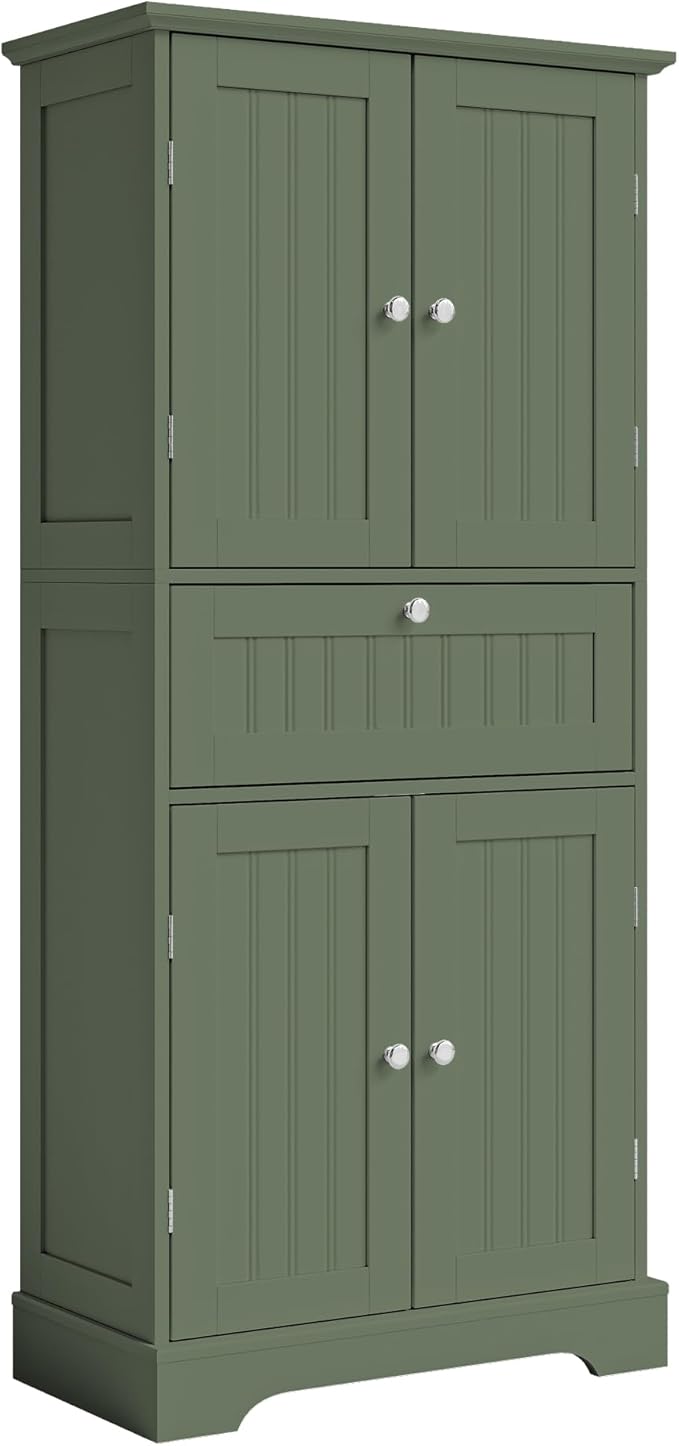 ChooChoo 51" H Bathroom Floor Cabinet with Drawers and Adjustable Shelves | Bathroom Storage Cabinet, Freestanding Kitchen Pantry Cupboard with 4 Doors for Living Room, Green