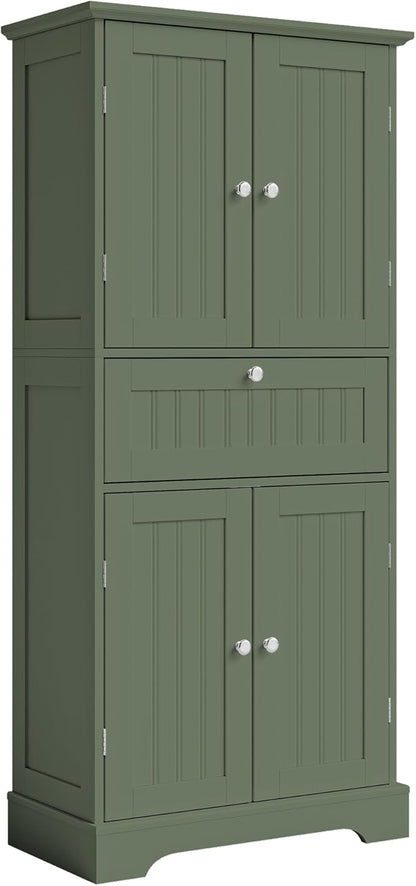 ChooChoo 51" H Bathroom Floor Cabinet with Drawers and Adjustable Shelves | Bathroom Storage Cabinet, Freestanding Kitchen Pantry Cupboard with 4 Doors for Living Room, Green