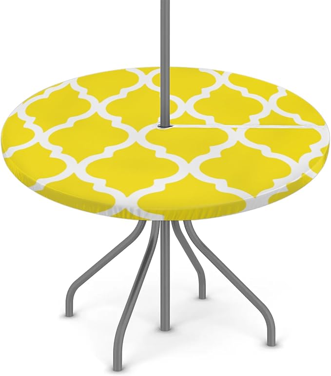 Fitted Round Tablecloth with Umbrella Hole and Zipper Yellow Moroccan Outdoor Elastic Table Cloth 36"-44" Oil-Proof Waterproof Morocco Geometric Patio Table Cover for Dining Picnic Party