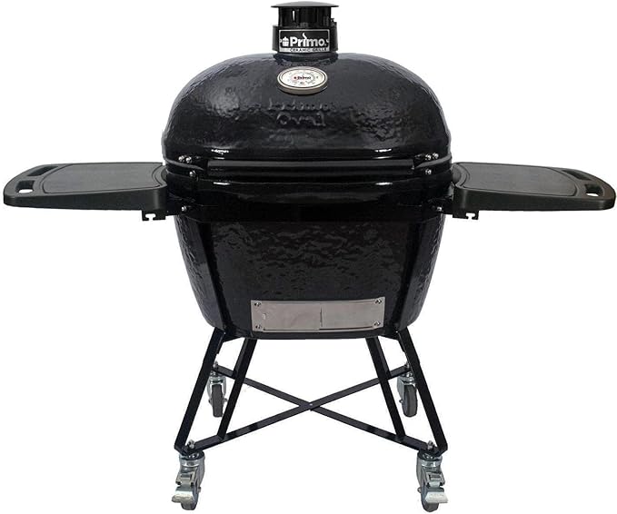 Primo Grills All-in-One Oval XL 400 Ceramic Kamado Grill with Cradle, Side Shelves, and Stainless Steel Grates - PGCXLC (2021), Black