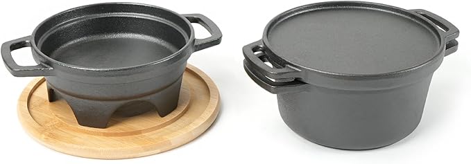 HAWOK 6 Piece Stove Set, Potable Cast Iron Charcoal Grill Stove with 1QT Dutch Oven, with Multipurpose Lid, Five-Leg Buffet Tray, Multipurpose Mini BBQ Stove Set