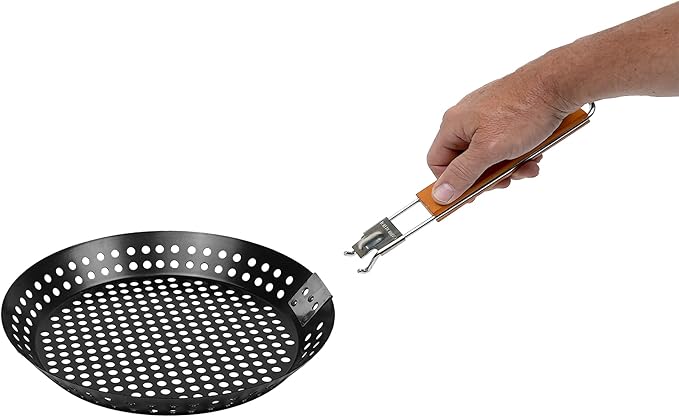 12" Non-Stick Grilling Skillet with Removable Handle - Large Grill Pan & Deep Fryer Strainer Basket for Seafood & Vegetables - Indoor & Outdoor BBQ Grill & Restaurant Use by Mr. Bar-B-Q 06750X