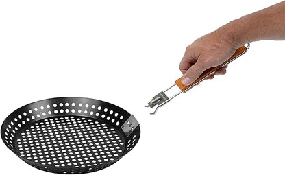 12" Non-Stick Grilling Skillet with Removable Handle - Large Grill Pan & Deep Fryer Strainer Basket for Seafood & Vegetables - Indoor & Outdoor BBQ Grill & Restaurant Use by Mr. Bar-B-Q 06750X