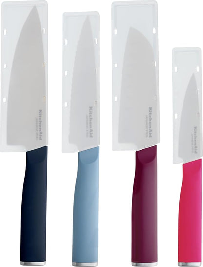 KitchenAid 4-Piece Chef Knife Set with Blade Covers, 6-Inch Chef Knife, 5-Inch Santoku, 5.5-Inch Serrated Utility, 3.5-Inch Paring Japanese Steel, Assorted Colors