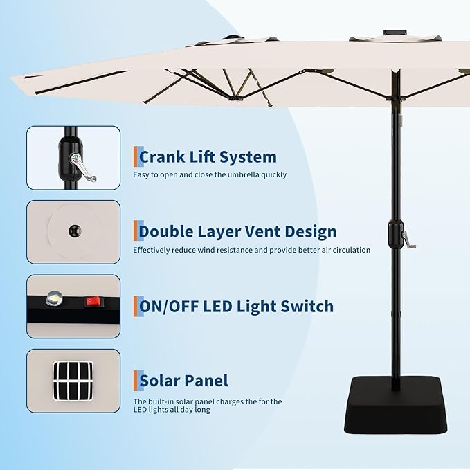 15FT Outdoor Patio Umbrella,Double-Sided Rectangle Market Umbrella with 36 LED Solar Lights & Base,UV50+ Weather-Resistant Oversized Outdoor Umbrella,Crank Lift,3-Way Shade for Pool,Garden,Backyard