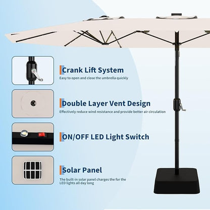 15FT Outdoor Patio Umbrella,Double-Sided Rectangle Market Umbrella with 36 LED Solar Lights & Base,UV50+ Weather-Resistant Oversized Outdoor Umbrella,Crank Lift,3-Way Shade for Pool,Garden,Backyard