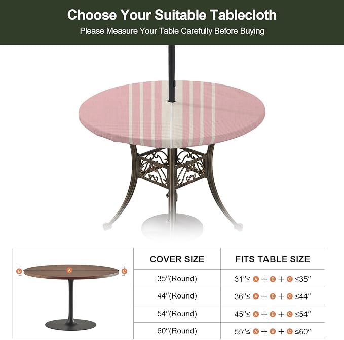 Outdoor Fitted Tablecloth with Umbrella Hole and Zipper, Pink Beige Striped Elastic Round Patio Table Cover, Farmhouse Retro Lines Modern Windproof Table Protector for Backyard BBQ Party 55''-60''