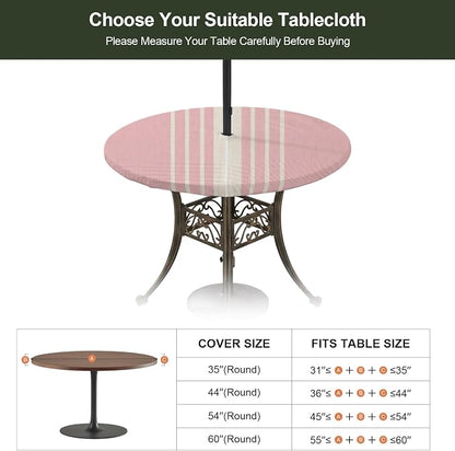 Outdoor Fitted Tablecloth with Umbrella Hole and Zipper, Pink Beige Striped Elastic Round Patio Table Cover, Farmhouse Retro Lines Modern Windproof Table Protector for Backyard BBQ Party 31''-35''