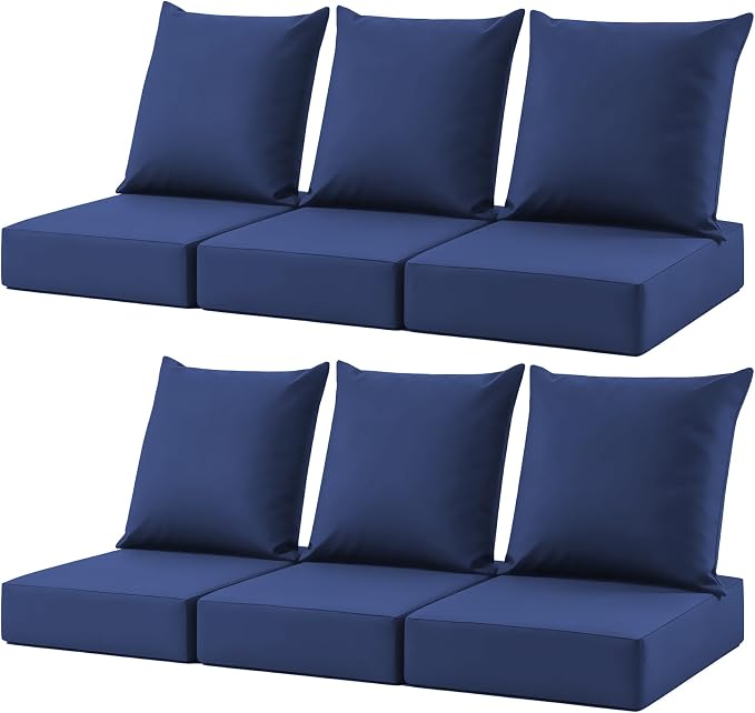 Patio Cushions for Outdoor Furniture, 24x24 Outdoor Couch Cushions, Waterproof & Fade-Resistant Patio Chair Cushions with Removable Cover, Replacement Outdoor Deep Seat Cushion, Navy Blue (Set of 6)