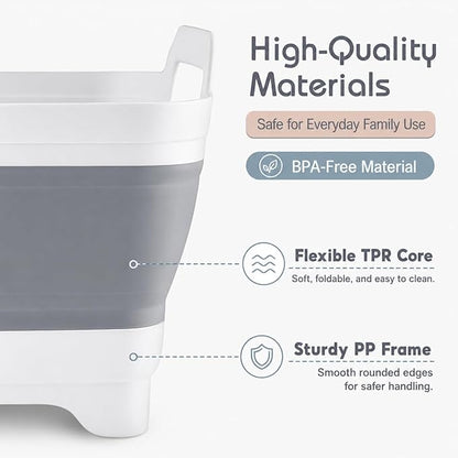 2.4 Gal(9L) Collapsible Dish Basin with Drain Plug, Space Saving Outdoor Multiuse Foldable Sink Tub, Dishpan, Kitchen Storage Tray for Camping, Vegetable Washing, RV (Gray)