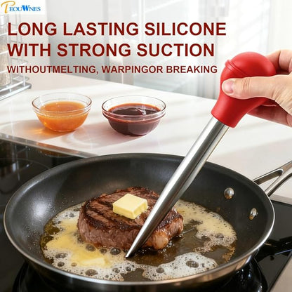 Stainless Steel Turkey Baster with Cleaning Brush & Needle, Red Meat Injector Set for Home Baking Kitchen Tool Cooking, Flavor Meat Poultry, Beef, Chicken