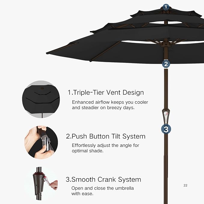 Kingdura 9ft 3-Tier Patio Umbrella, Outdoor Table Umbrella with Easy Crank & Tilt, 8 Reinforced Ribs, UV Protection for Deck, Pool, Market, Backyard (Black)