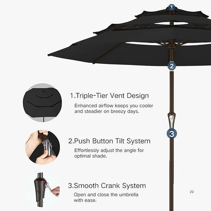 Kingdura 9ft 3-Tier Patio Umbrella, Outdoor Table Umbrella with Easy Crank & Tilt, 8 Reinforced Ribs, UV Protection for Deck, Pool, Market, Backyard (Black)