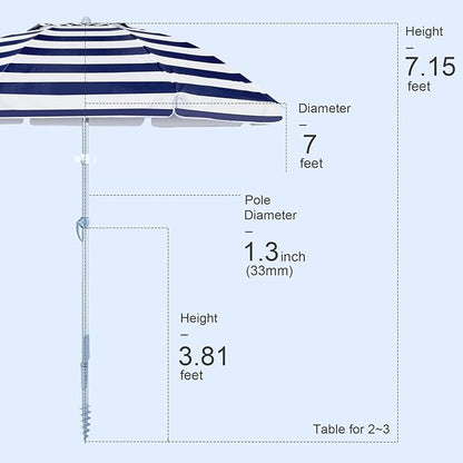 Tempera Heavy Duty High Wind Beach Umbrella with Sand Anchor & Carry Bag | Patio Outdoor Umbrella with Aluminum Frame and Push Button Tilt, Ideal for Travel Garden Lawn, UPF 60+