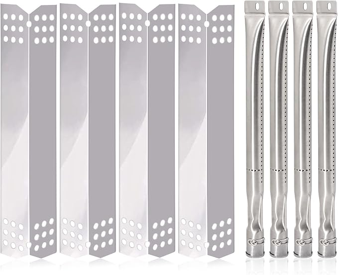 Yiming Grill Replacement Parts for Grillmaster 720-0697, Nexgrill 720-0697 and Sunbeam 720-0697 Gas Grill Models, Stainless Steel Heat Plate Tent Shields, Grill Burner Tubes Set, 4-Pack