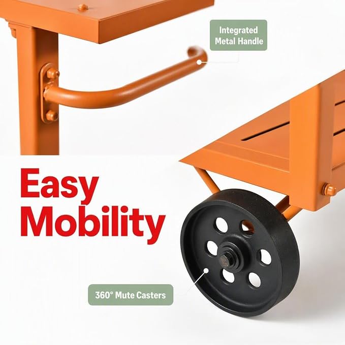 Orange 3-Tier Metal Rolling Beverage Bar Cart | Waterproof Rustproof Serving Cart with Handle | 39.37 x 15.74 x 41 in | Indoor Use Outdoor Party Utility Storage Cart