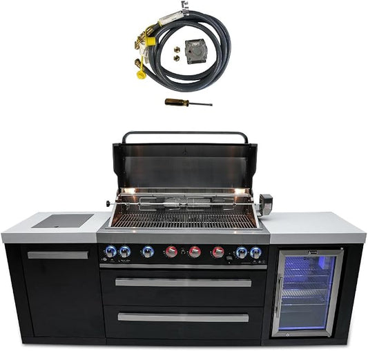 Mont Alpi Premium 94"W x 23"D x 46"H Black Stainless Steel Outdoor Kitchen Island with Refrigerator + 44"W 6-Burner BBQ Natural Gas Ready Grill + Granite Countertops + Storage + Rotisserie Kit + Cover
