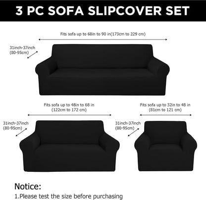Peryiter 3 Pcs Couch and Loveseat Sofa Covers,Black,Fleece | Armchair Covers for Living Room, Sofa Cushion Slipcover, Furniture Protector, Polyester and Spandex, Washable
