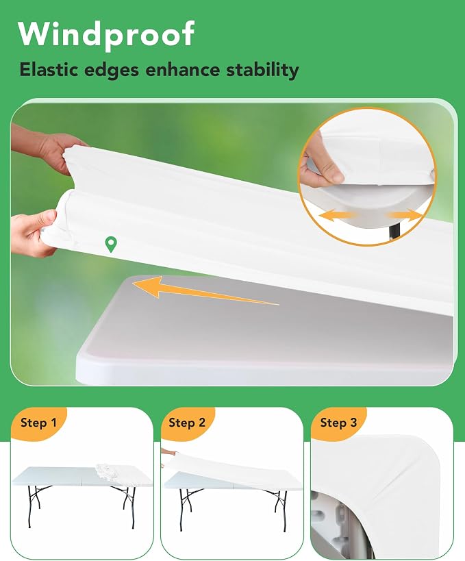 Fitted Tablecloth Rectangle Table Cloths with Elastic, 8 ft, White, 8 Pack | For Outdoor Picnic Camping Party 8 foot Folding Spandex Table Covers, Water-Resistant, Windproof, Reusable, 96"L x 30"W