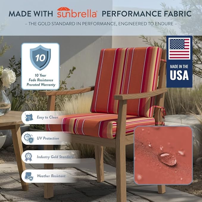 California Umbrella Outdoor Dining Chair, Set of 4 Patio Seat Cushions, 20 x 40 Inch, Premium Outdoor Memory Foam, Fade Resistant, Sunbrella Fabric, Fabric Ties, Dolce Mango