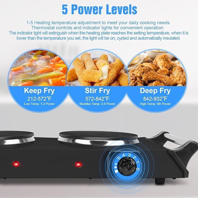2000W Electric Dual Burner Portable Coil Heating Hot Plate Stove Countertop RV Hotplate with 5 Temperature Adjustments Porta-ble Handles