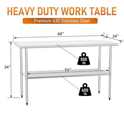 Stainless Steel Table for Food Prep & Work 24 x 60 inches Commercial Workstation with Adjustable Undershelf in Kitchen, Garage, Outdoor BBQ