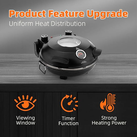 Electric-Pizza-Oven-Indoor, 12 Inches Countertop Cooker,800℉ Electric Pizza Maker with Timer, Ceramic Stone, Viewing Window, Complete Accessory Kit, Black
