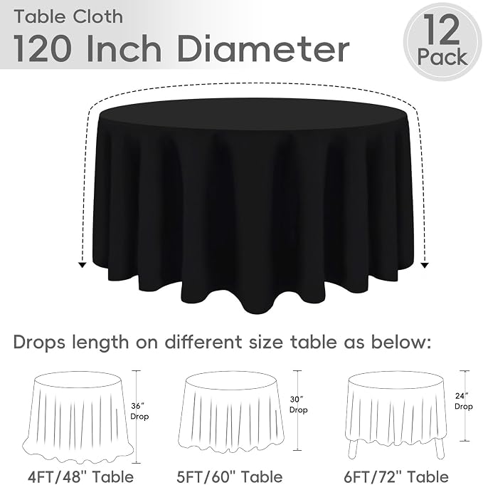 12 Pack Black Round Tablecloths 120 Inch | For 4Ft-7Ft Round Table, Wrinkle Resistant Table Cloth, Washable Polyester Fabric, For Wedding Party Banquet Buffet Camping