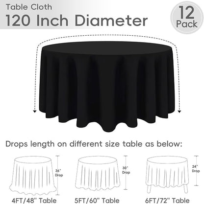 12 Pack Black Round Tablecloths 120 Inch | For 4Ft-7Ft Round Table, Wrinkle Resistant Table Cloth, Washable Polyester Fabric, For Wedding Party Banquet Buffet Camping